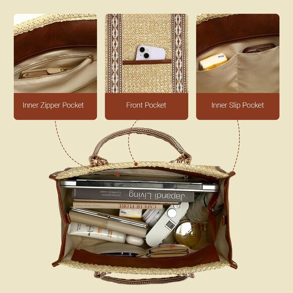 Straw Beach Tote Bag Women's Summer Handmade Woven Shoulder Purse - Picture 5 of 8